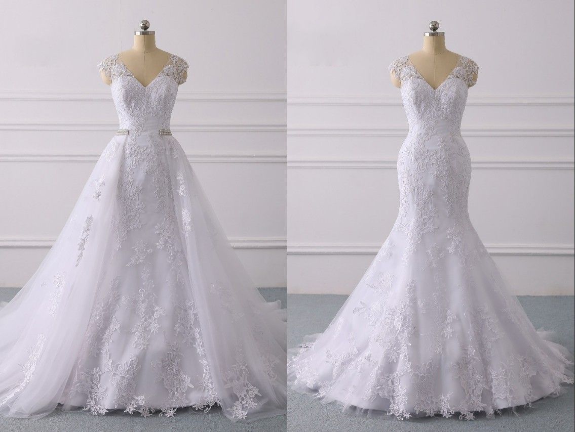 Compre Moda Desmontable De La Falda Vestido De Novia Sirena 2020 Sin Respaldo Corte V Cuello Perlas Cinta Del Cordon Applique Del Tren De La Boda Modesta Vestidos De Novia Nueva A