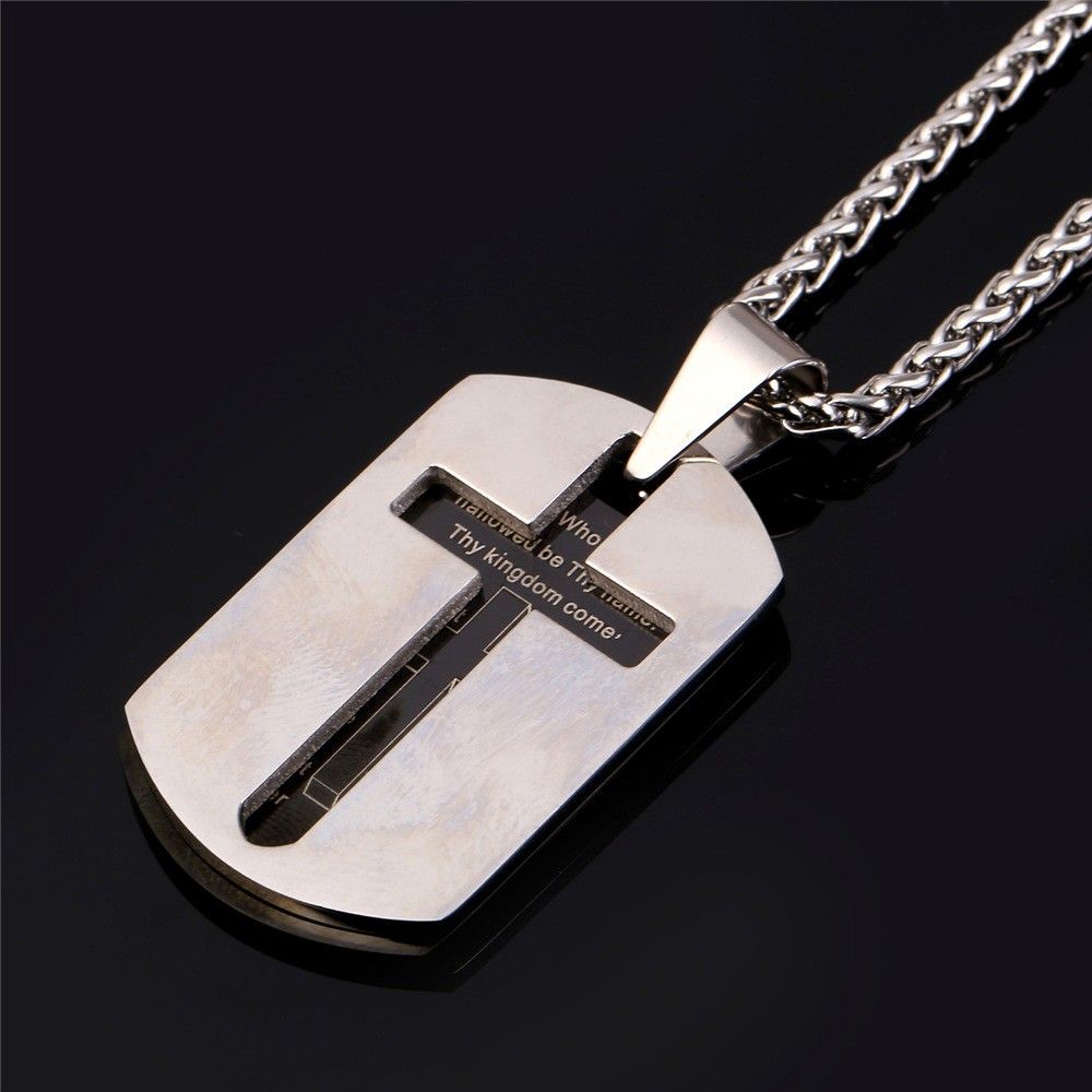 Large Silver & Gold Grid-Style Cross Pendant Polished Men’s Necklace 
