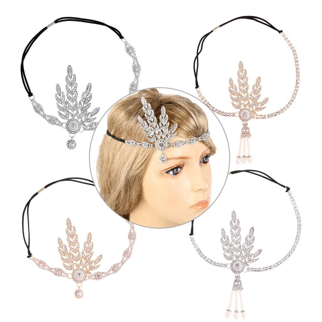 Art Deco 1920s Flapper Great Gatsby Leaf Wedding Bridal Tiara Pearl Headpiece Headband with Feather