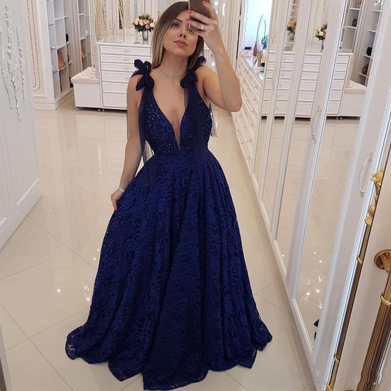 consumirse tenga en cuenta pegatina Vestidos de fiesta de encaje azul marino glamorosos Vestidos con cuello en  v Grano Pajarita Correas