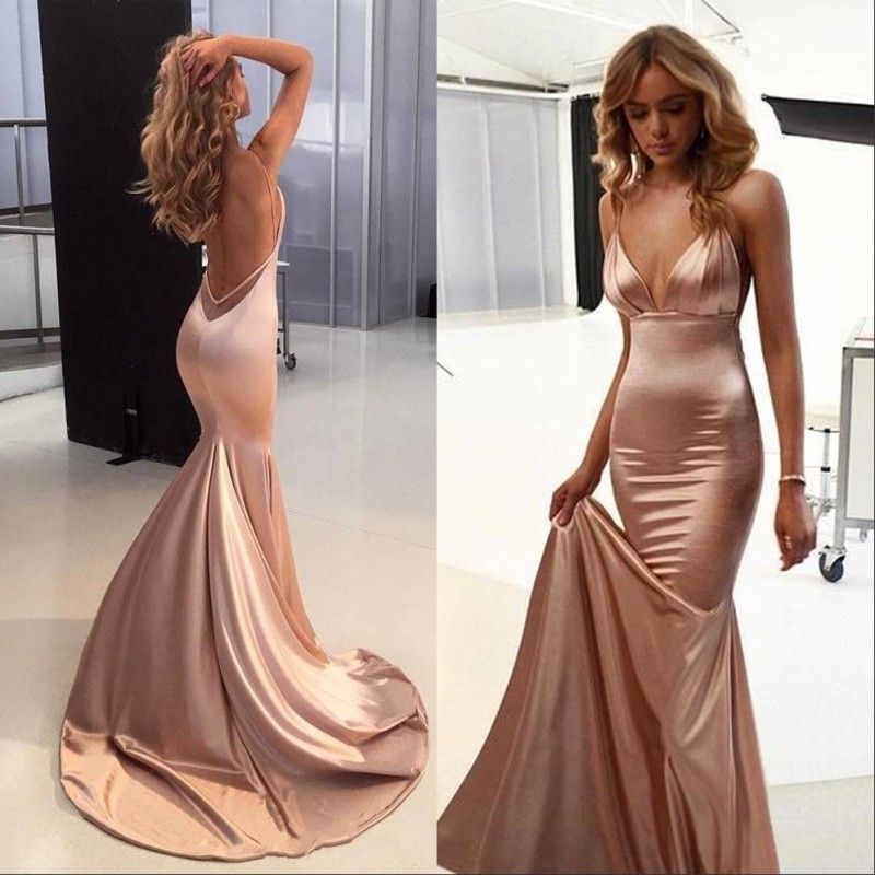 Compre Elegante Sexy Rose Gold Prom Party Vestidos 2019 Spaghetti Swackless  Sweep Train Sin Espalda Simple Sirmaid Ocasion Rojo Alfombra Vestidos De  Noche A 86,74 € Del Dressave | Es.Dhgate.Com