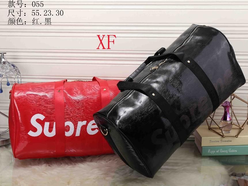 branded leather duffle bag