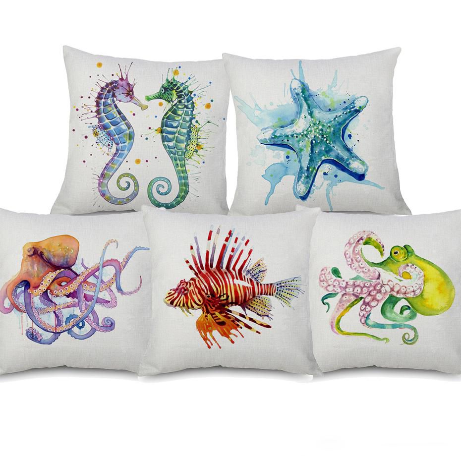 Watercolor Painting Marine Life Cushion Covers Starfish Mermaid