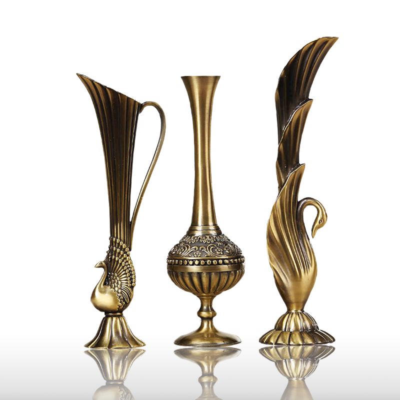 European Retro Peacock Vase Metal Alloy Gold Bronze Small Vase