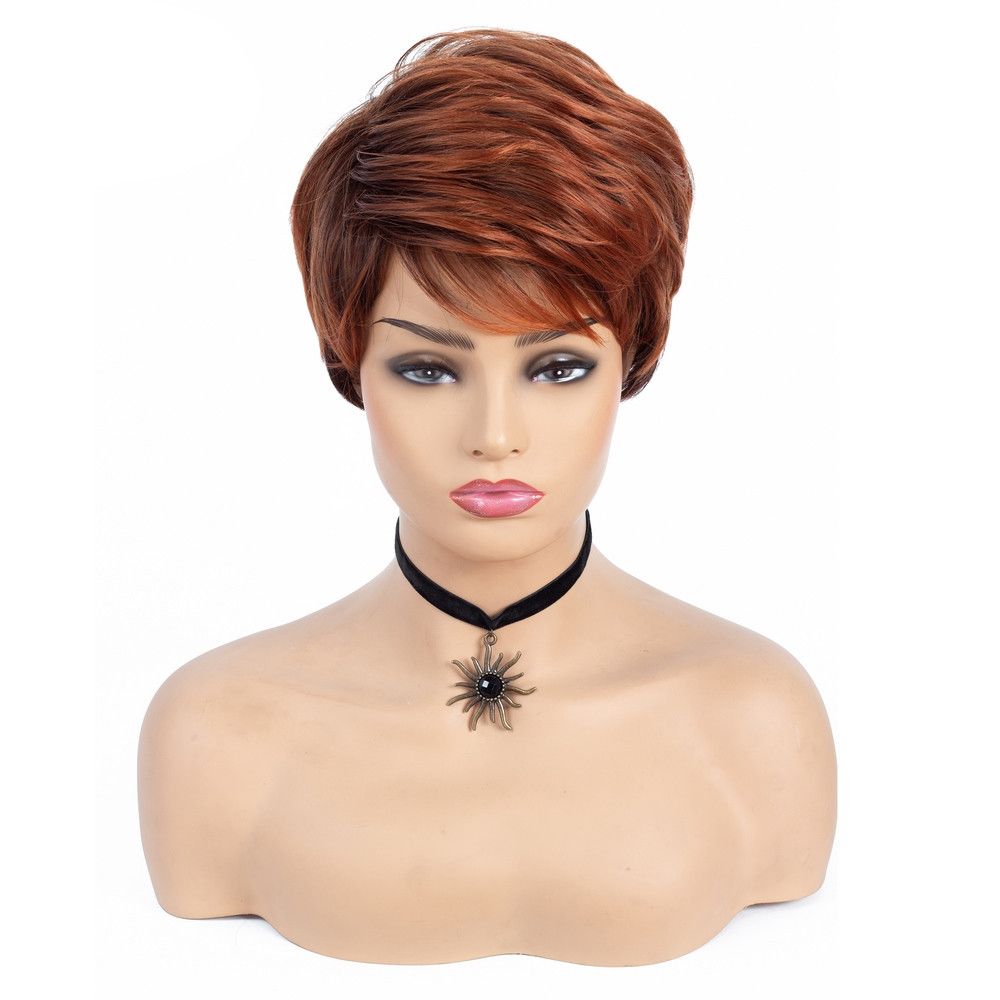 Short Wig Dark/Red Orange Synthetic Wigs With Side Bang Dark Roots