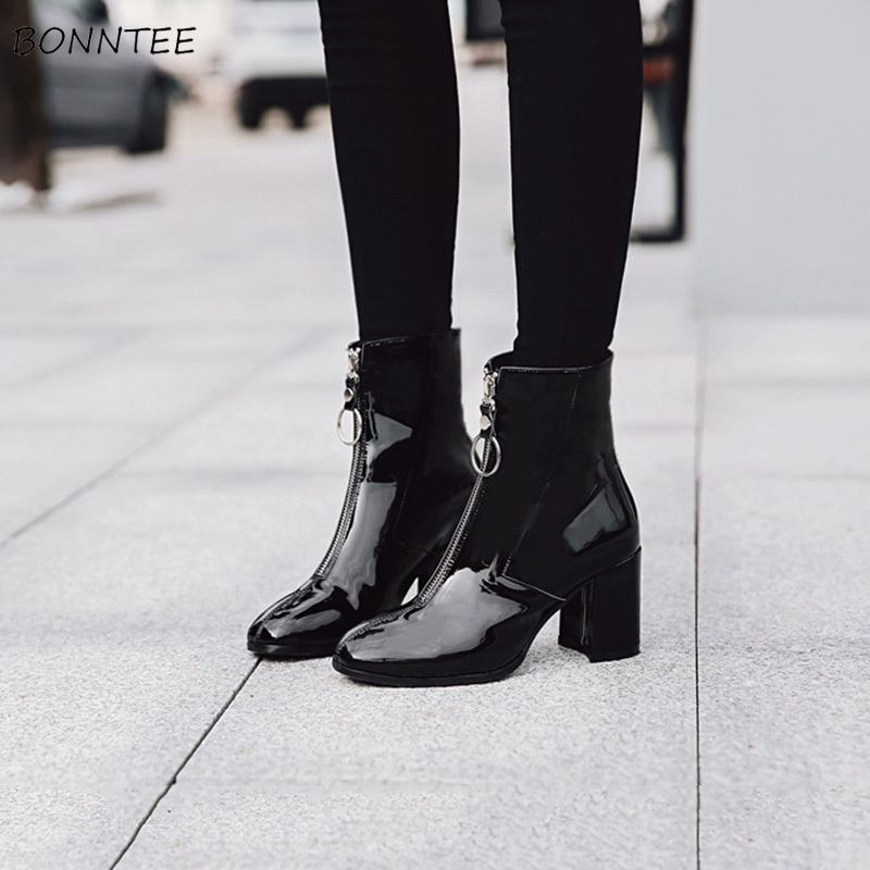 ladies black patent leather ankle boots