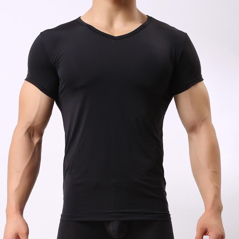 2021 Man Undershirt Ice Silk Sheer T Shirts Male Nylon V Neck Short ...