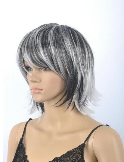 Black Mix White Short Straight Hair Fluffy Fashion Enchanting