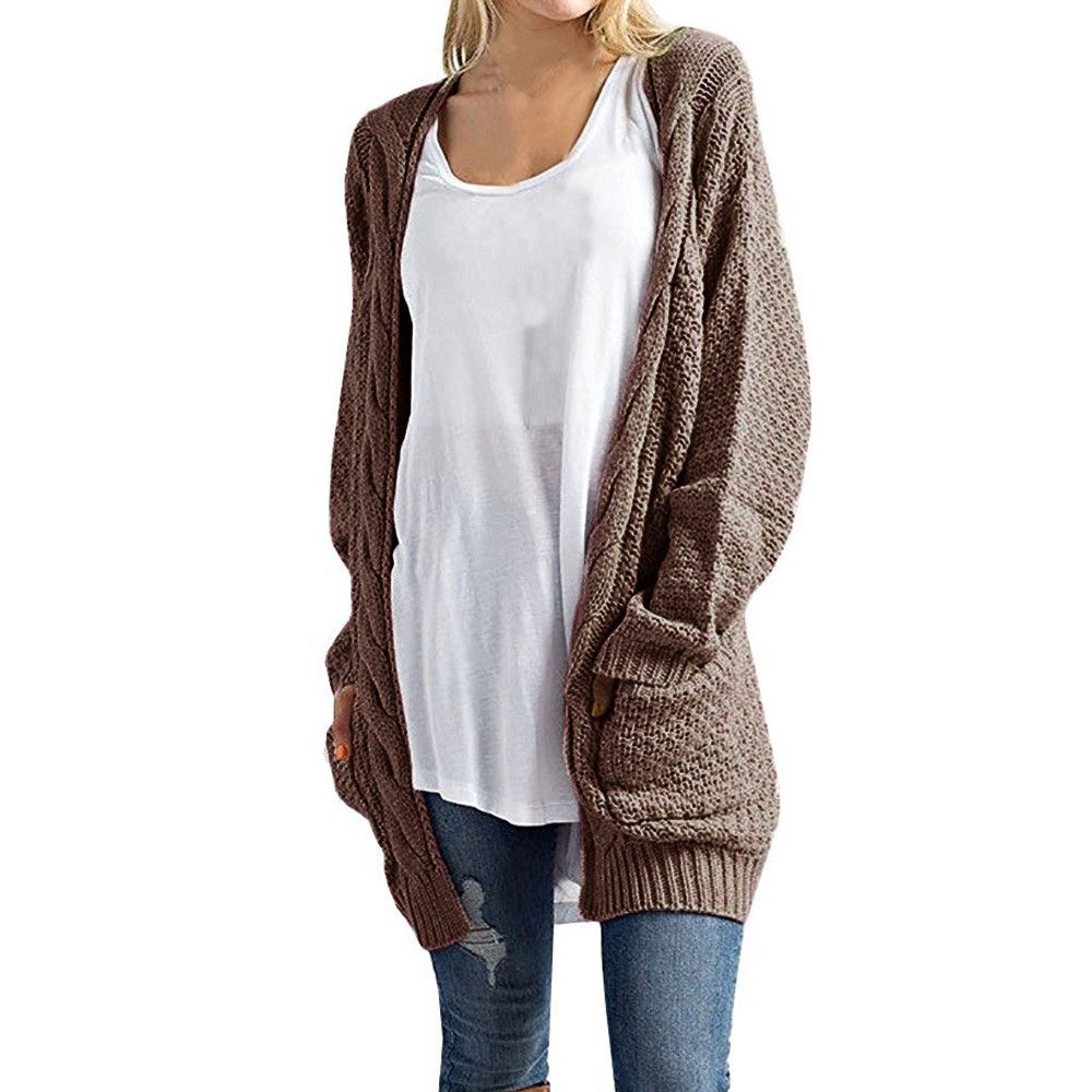 Femmes Hiver Tricot Cardigan Chandail Solide Manches Chauve-Souris Chandails avec Poche