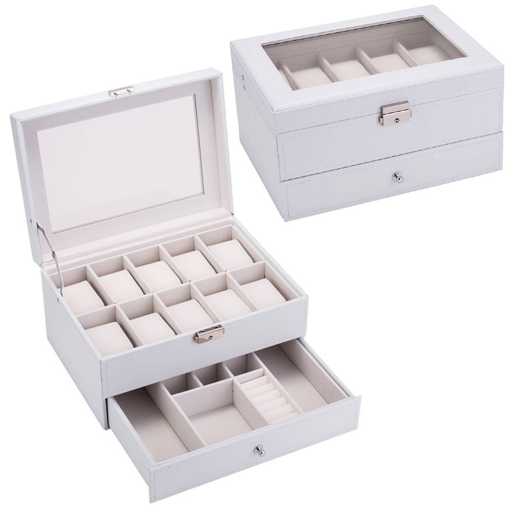New Multi Compartment White Leather Portable Glass Top Jewelry Box ...