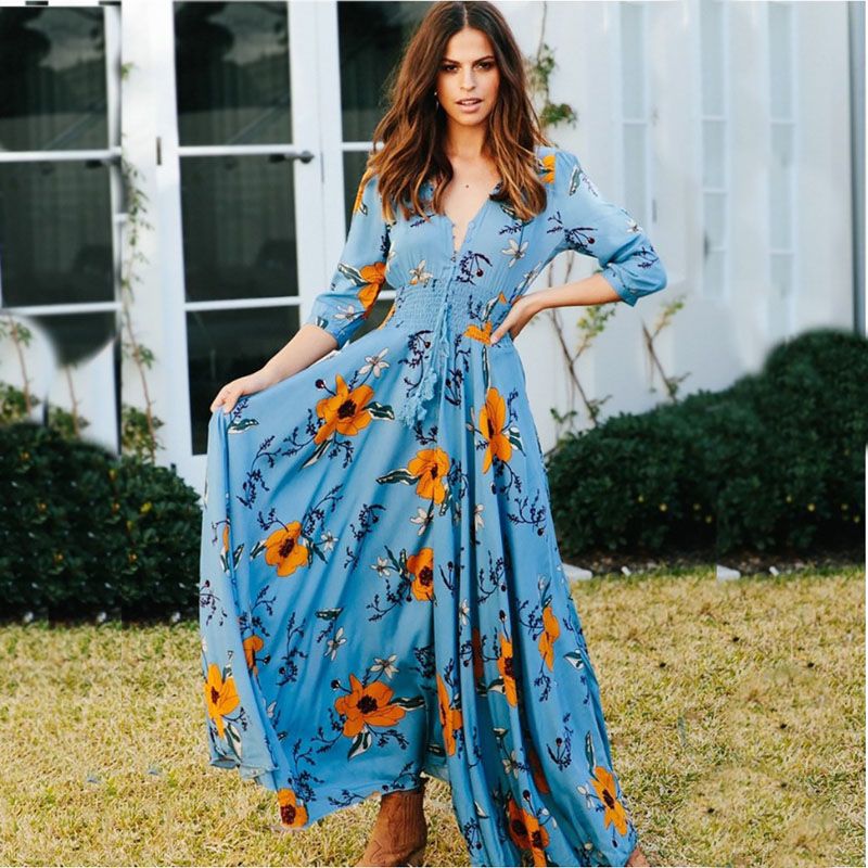 Compra Bohemio Maxi Vestidos De Noche Botón Maxi Vestido De Noche Vestido  De Flores Vestido Boho Vestido Floral Vestido Largo Floral Barato | Entrega  Rápida Y Calidad | Es.Dhgate