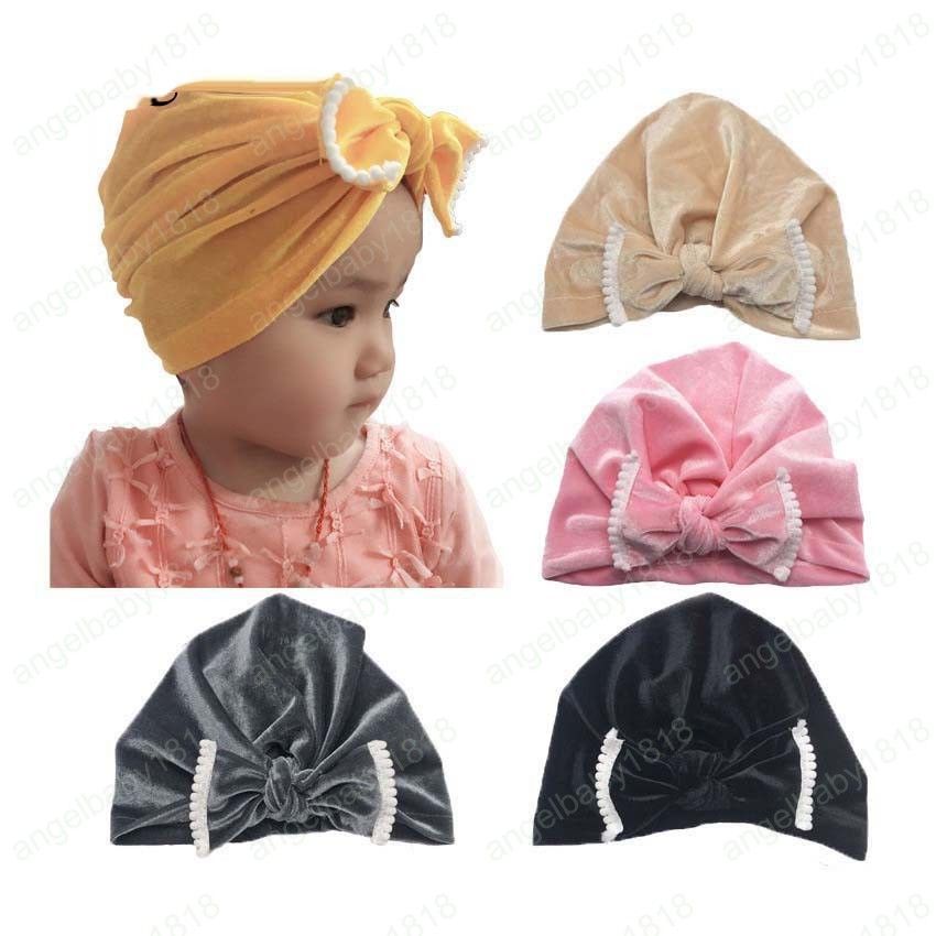Toddler Kids Baby Bowknot Headwraps Girls Indian Turban Caps Velvet Beanie Hats.