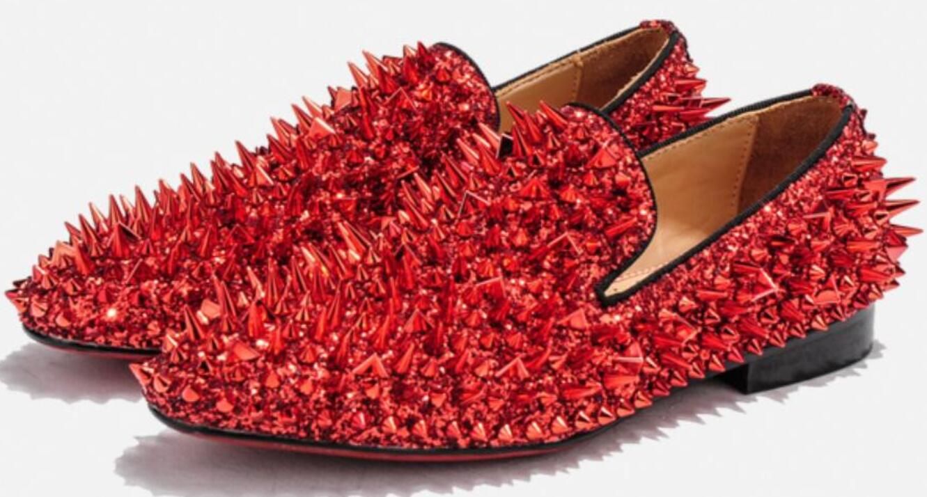 KCT Menswear's  Red Velvet Prom Shoes with Red Pyramid Spikes