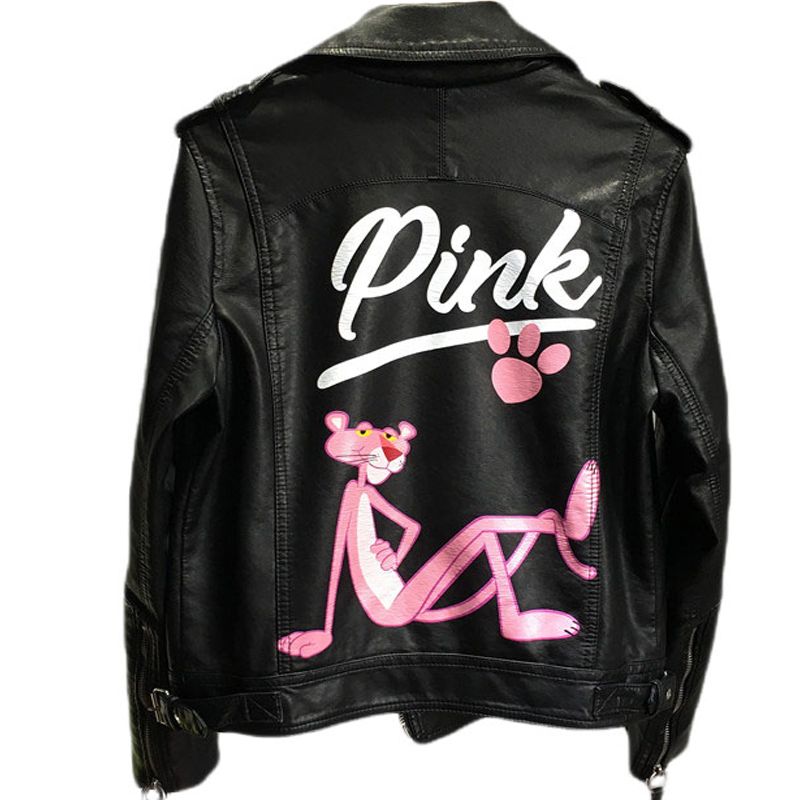 New PU Leather Jacket Women Plus Size Pink Leopard Cartoon Print Short Loose Motorcycle Biker Jacket