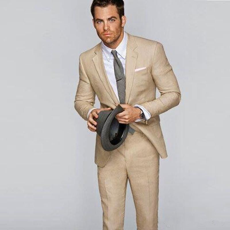 New Champagne Slim Fit Linen Men Suits 