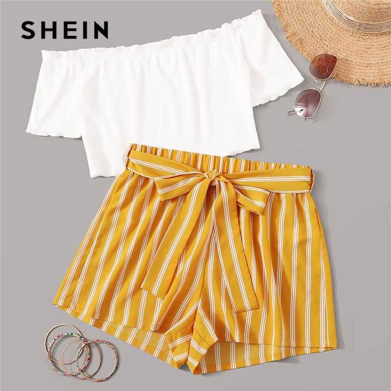2020 Shein Off Shoulder Rib Knit Crop Top And Self Belted Striped