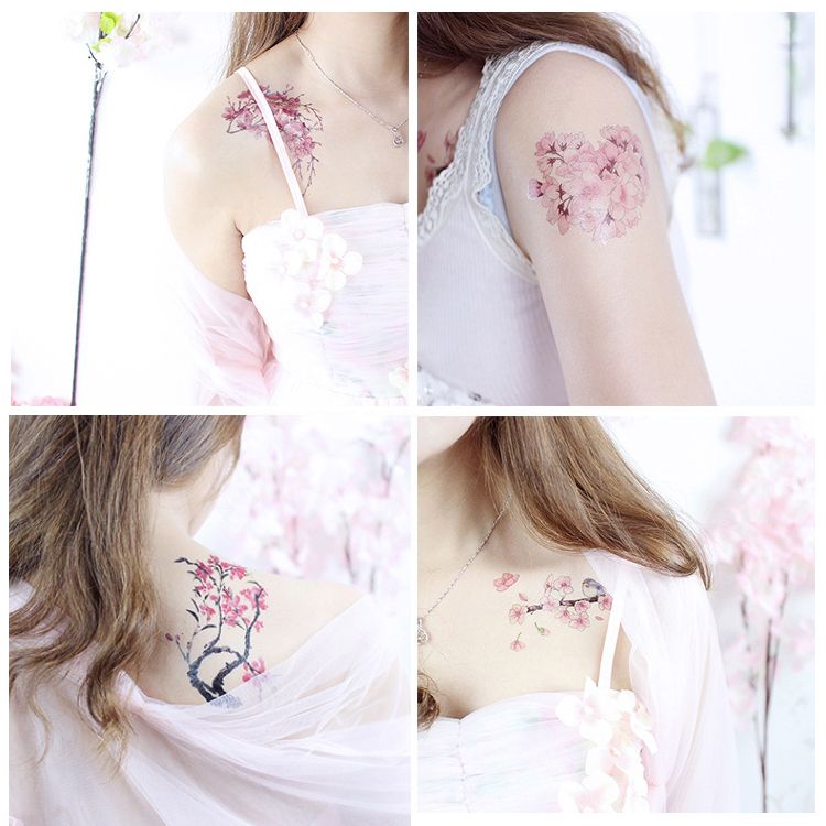 Acheter Petite Fleur Fleur De Cerisier Decal Tattoo Simple Couleur Dessin Body Art épaule Clavicule Bras Main Conception étanche Tatouage Temporaire