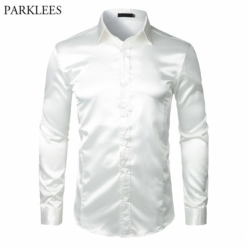 Elegante camisa de satén satinado seda blanca hombres HOMME 2018 Casual manga larga Slim Fit