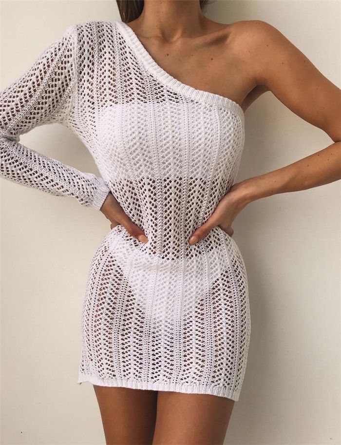 white one shoulder crochet dress