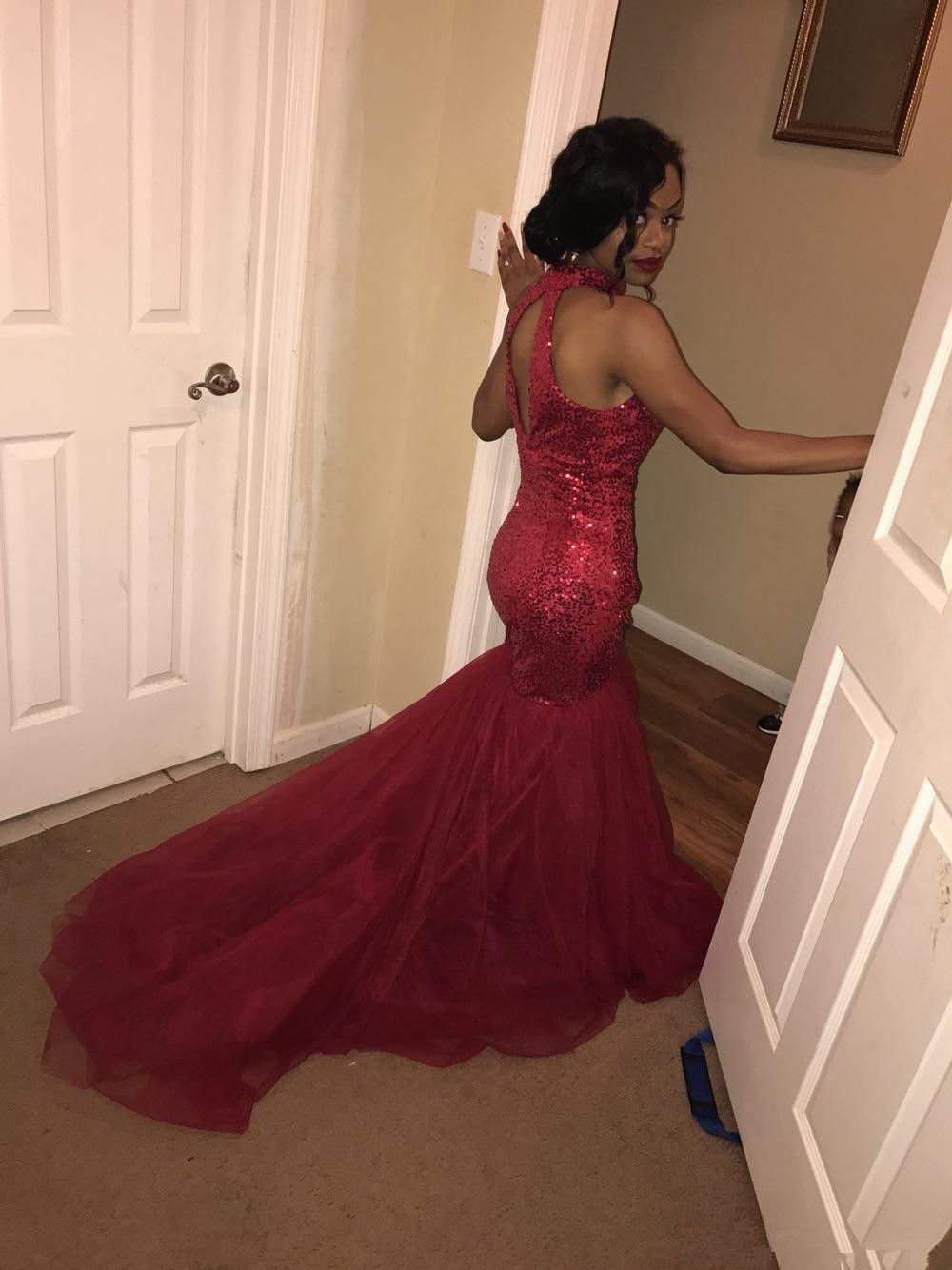 burgundy fishtail prom dress