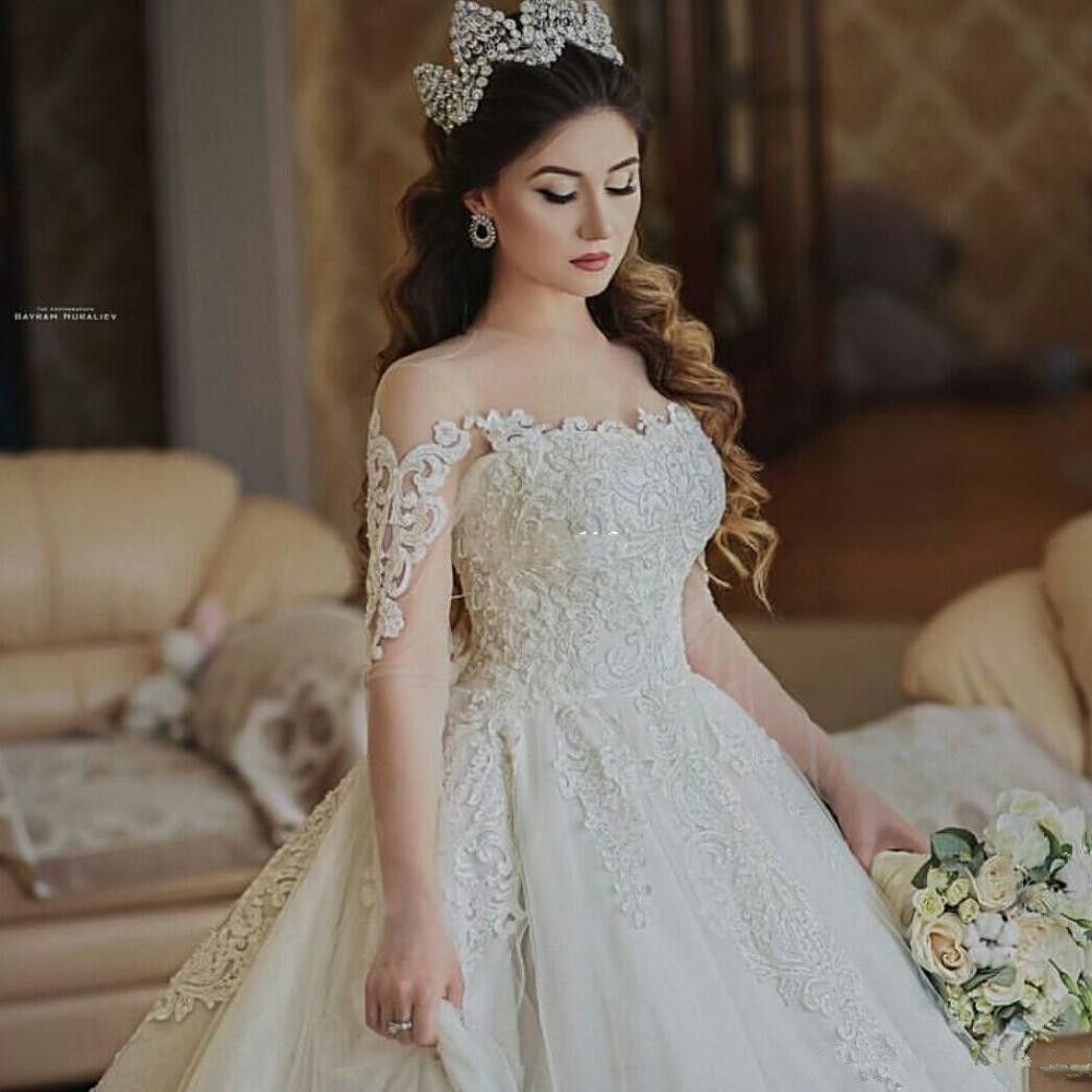 Vestidos de casamento moderno princesa vestido de baile mangas completas  ilusão tule voltar vestido de noiva