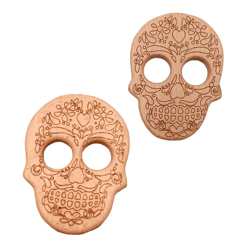 2020 Natural Beech Wooden Skull Shape Teether Cartoon Baby Teether