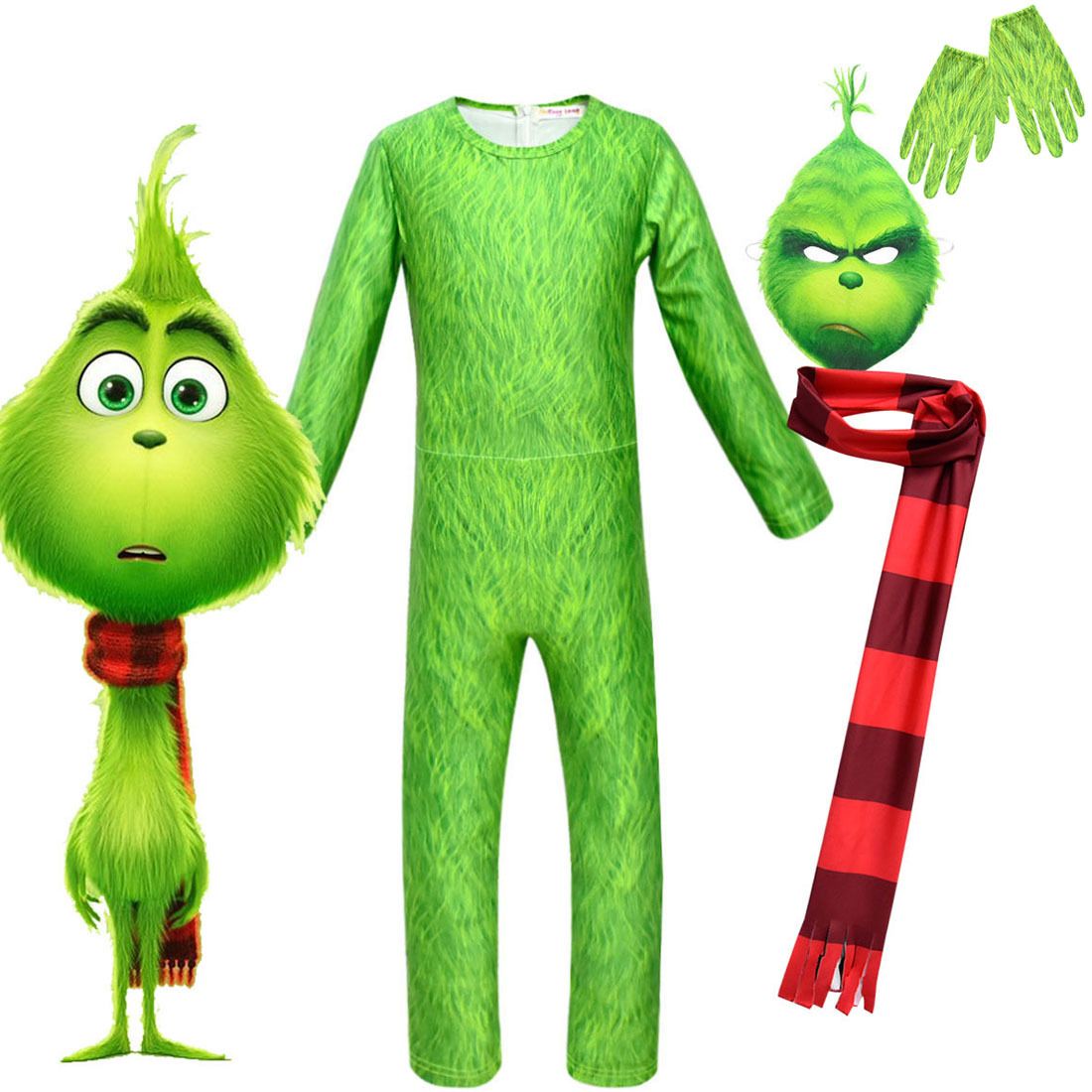 The Grinch Cosplay Costumes How The Grinch Stole Christmas Costume Christmas Props With Green Hair Kids Jumpsuits Mask Scarf Dress Themes For Parties