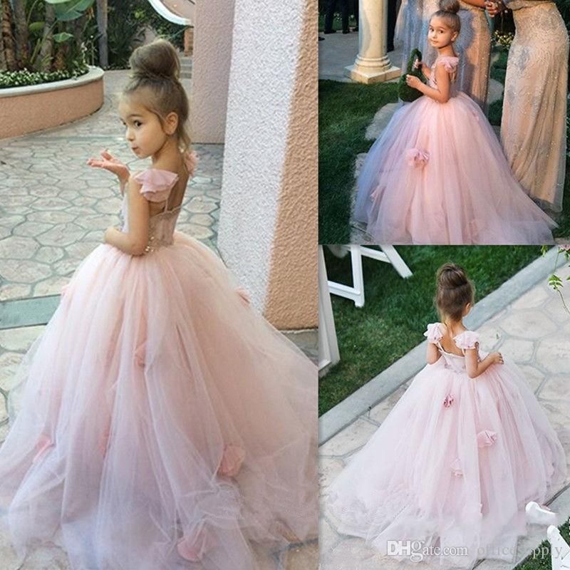 Blush Pink Flower Girl Dresses Spaghetti Straps Junior Bridesmaid Ball