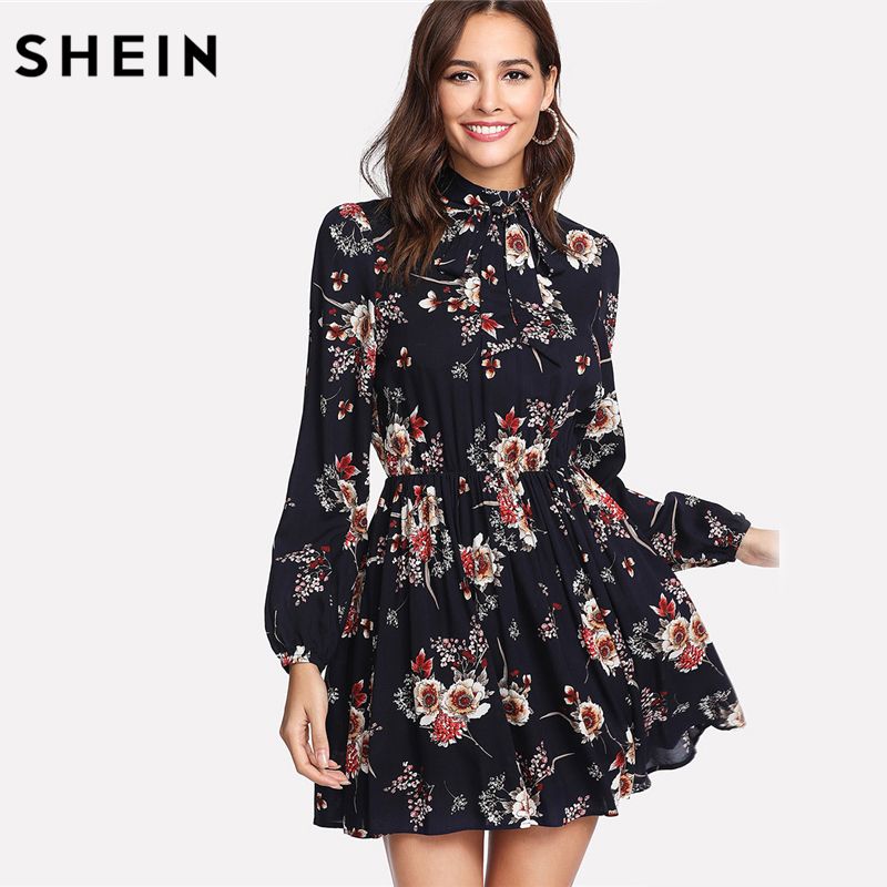 Compra SheIn Otoño Floral Mujeres Vestidos Multicolor Elegante Manga Larga  Cintura Alta Un Vestido Chic Vestido De Cuello Corbata Barato | Entrega  Rápida Y Calidad | Es.Dhgate