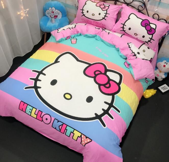 Hello Kitty Bedding Set Children Cotton Bed Sheets Cute Hello Kitty Duvet Cover Bed Sheet Pillowcase Blue Duvet Cover Queen Size Comforter From