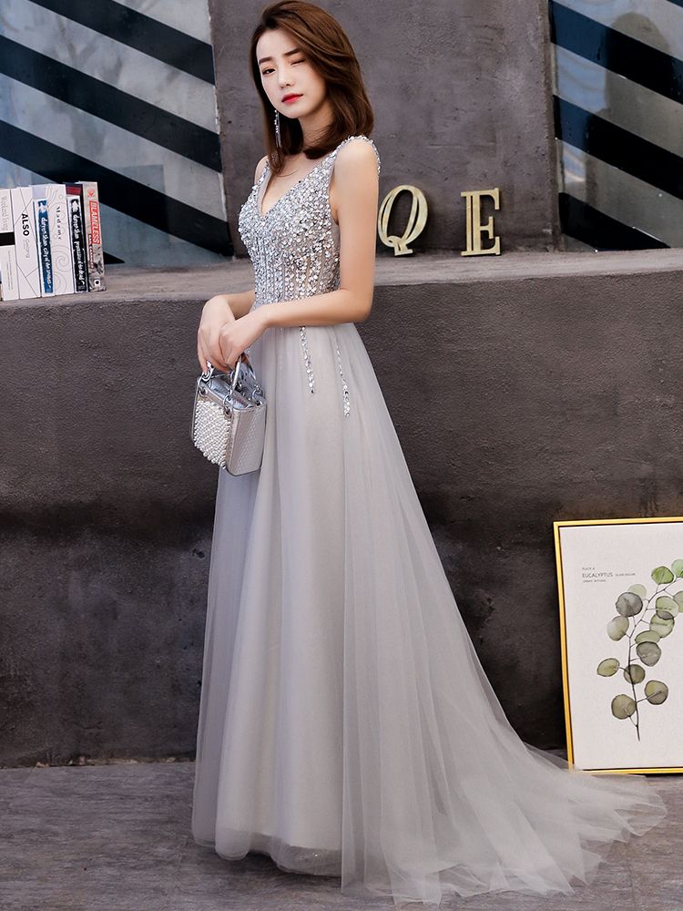 2019 Sexy Silver Gray Evening Dresses V 