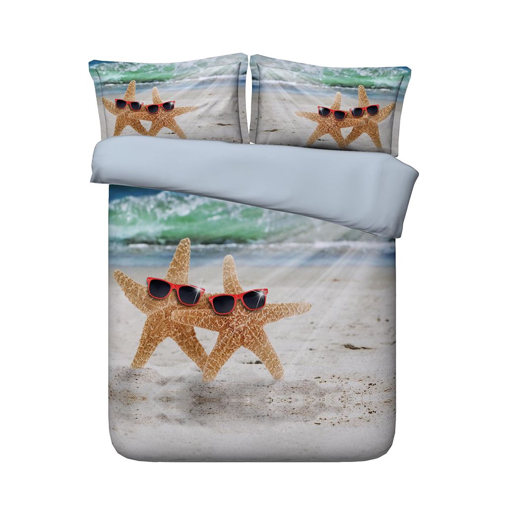Blue Seawater Bedding With 2 Pillow Shams 3D Ocean Beach Starfish Duvet