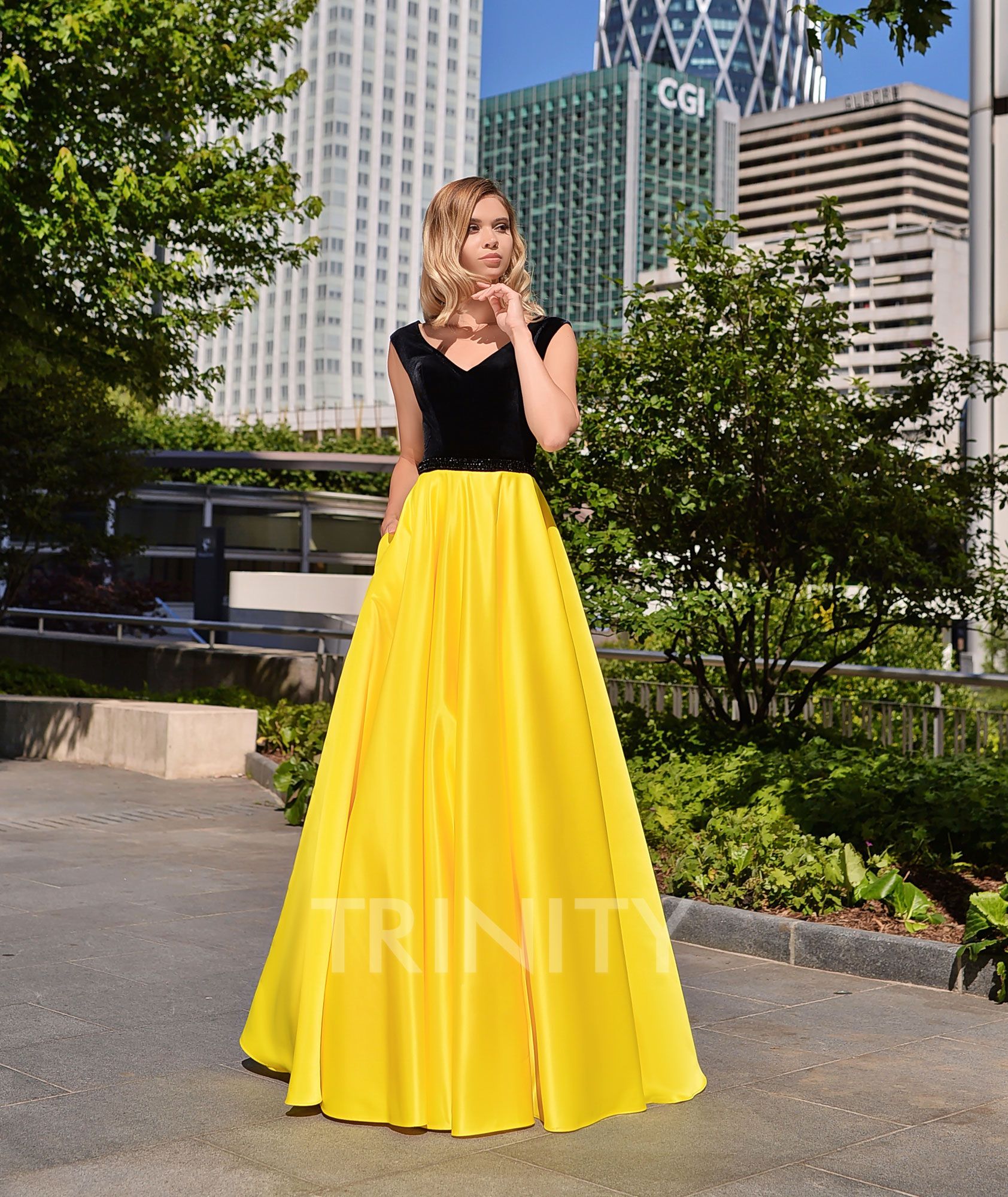 yellow velvet prom dress
