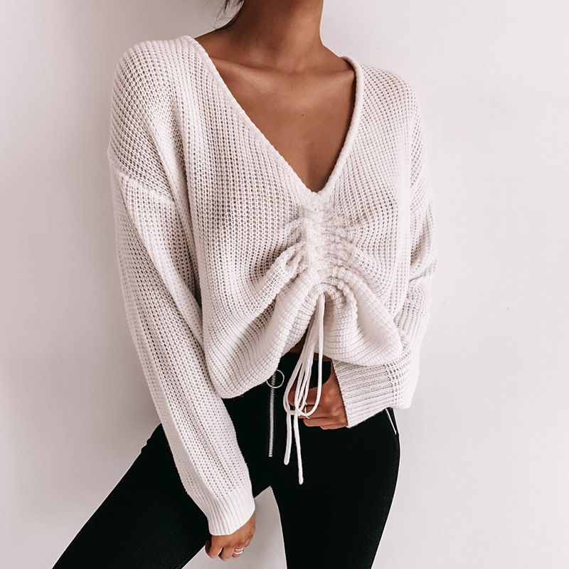 Women Long Sleeve Sweater Knitted Tops Pullover Ladies Casual Lace Up Jumper