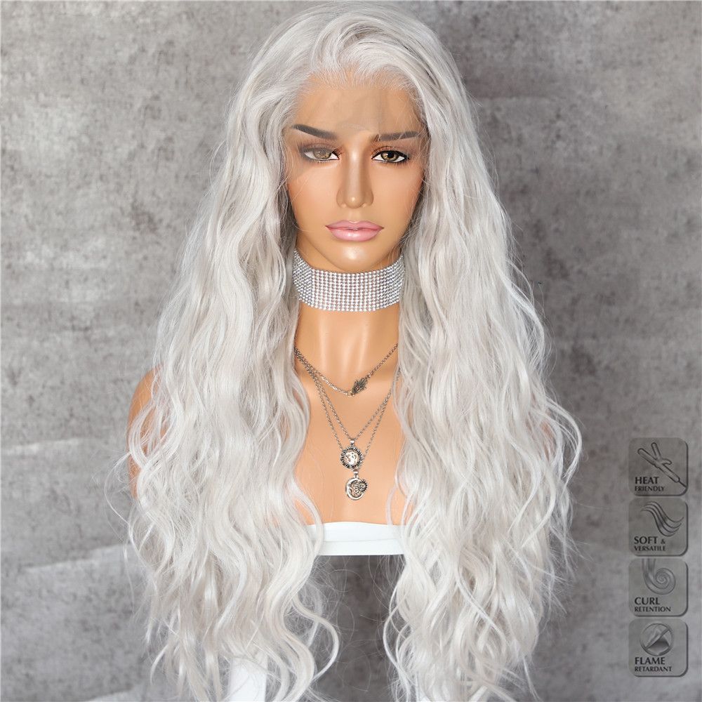 Hot Sexy Silvery White Long Water Wave Free Part Heat Resistant