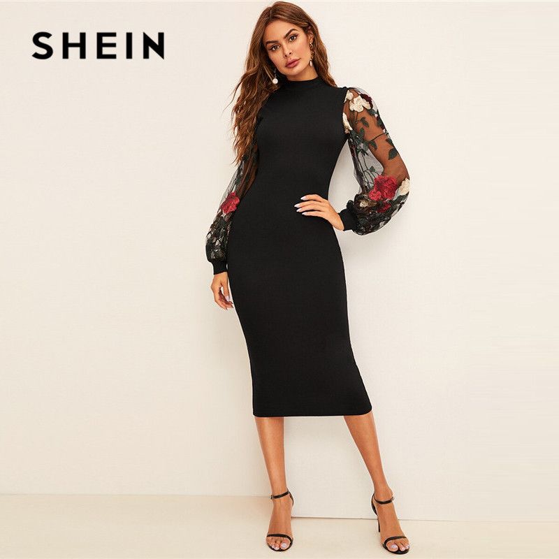 Compra Bordado Flor Shein Mangas De Malla De Vestido Ajustado Mujeres  Spring Negro Elegante Collar De Pie Vestido Largo Del Vestido Delgado De La  Manga De Midi Barato | Entrega Rápida Y