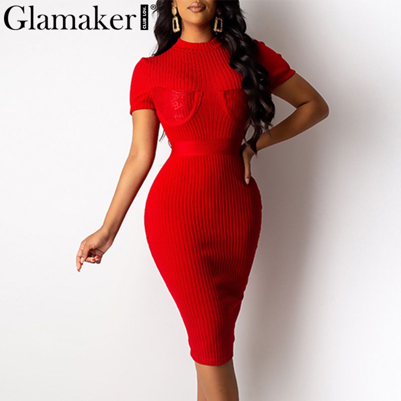 Coupon Below] Glamaker Lace Patchwork Sexy Women Red Dress Knitted Party Bodycon Short Dress Elegant Black Club Summer Midi Night From Beautiful1314, $20.71 |