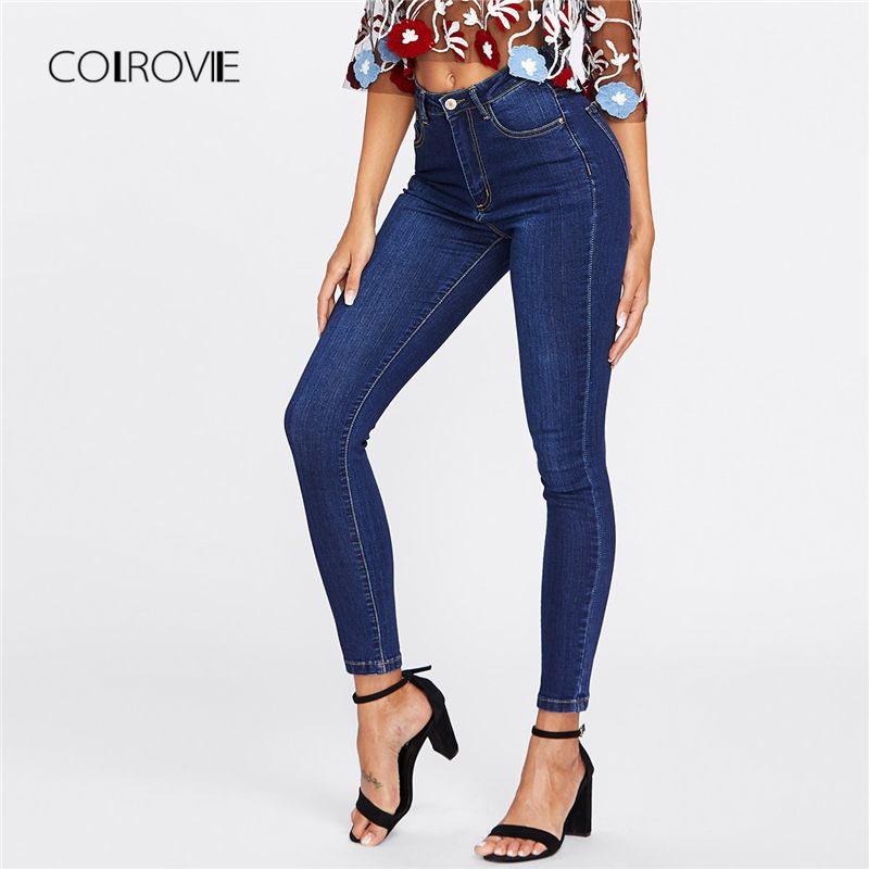 Colrovie Azul Oscuro Wash Skinny Denim Jeans Mujer 2019 Botón de Cintura Mosca Jeans