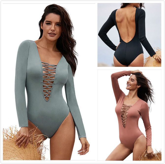 long sleeve v neck swimsuit