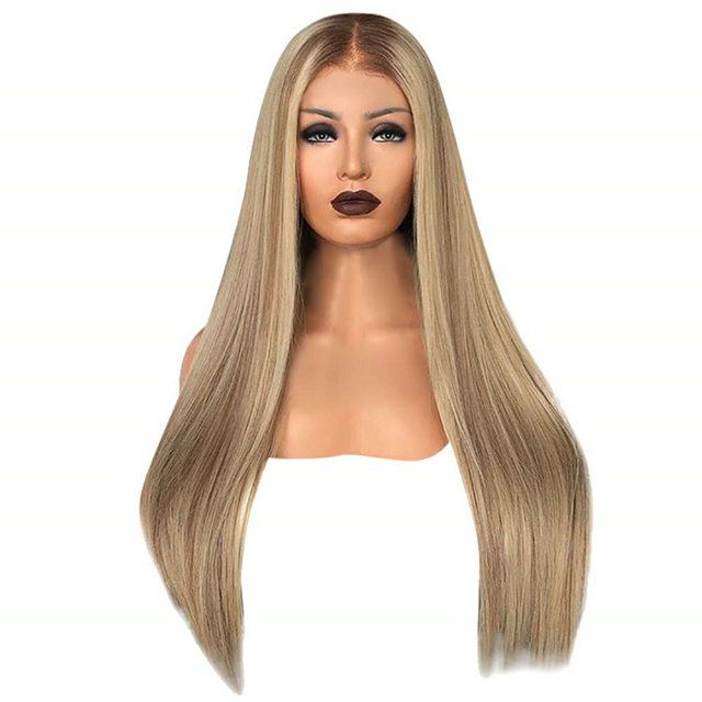 New Brown Roots Blonde Straight Lace Front Wigs For Women Natural
