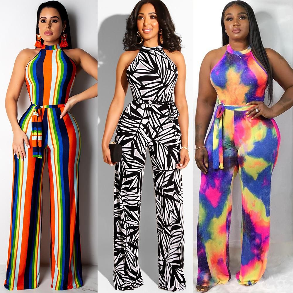SHOWNO Womens Club Basic Open Back V Neck Tie-Dyed Baggy Jumpsuits Romper