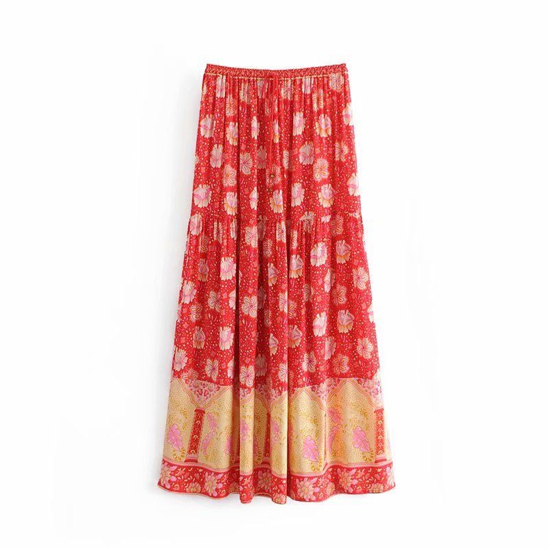 red floral long skirt