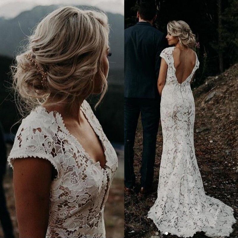 Cap sleeve backless wedding dress Clearance