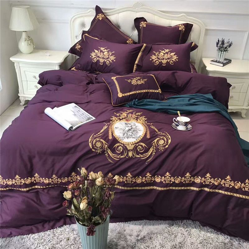 Purple Egyptian Cotton Luxury Royal Bedding Set Gold Embroidered