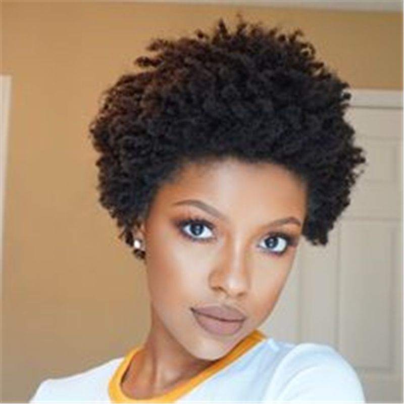 Short Afro Curly Human Hair Wig Glueless No Lace Front Jerry Curl