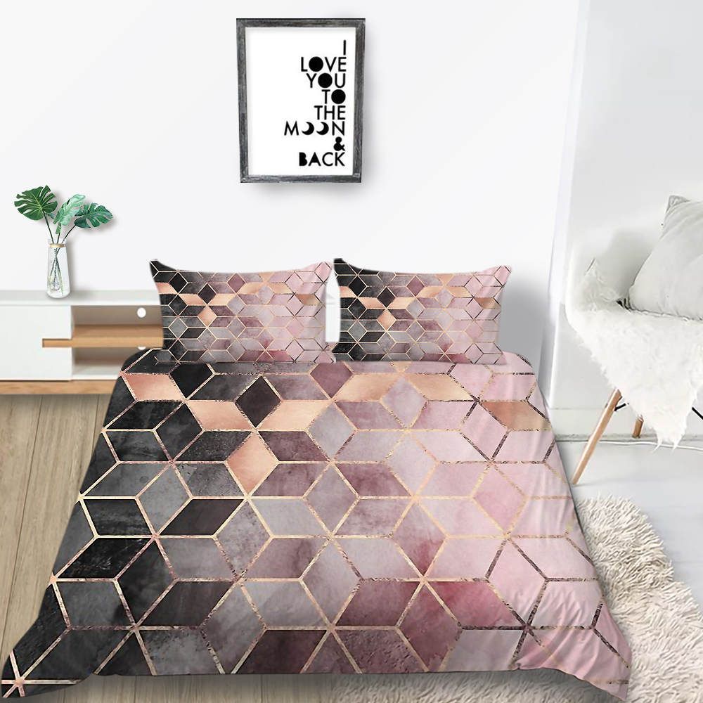 Luxury Bedding Set Diamond Pattern Black And Pink Duvet Cover For