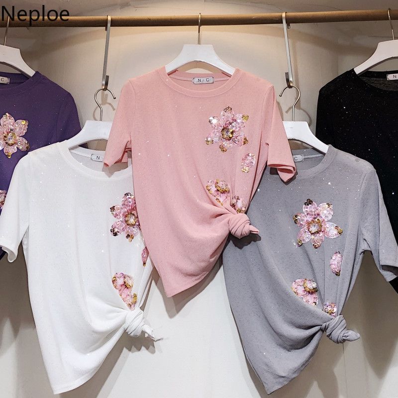 Neploe Spring Camiseta Mujer 2019 Mujer Tops Tailandia Moda O-cuello Camisetas de manga corta