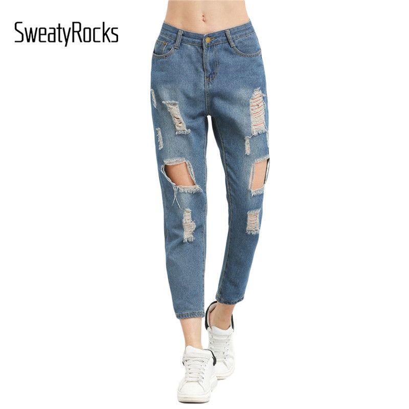 Compra SweatyRocks Pantalones Vaqueros De Las Mujeres Destruidas Botón De  Cintura Media Mosca Ripped Denim Pantalones Sueltos Tobillo Largo Mujer  Novio Pantalones Y19042901 Barato | Entrega Rápida Y Calidad | Es.Dhgate