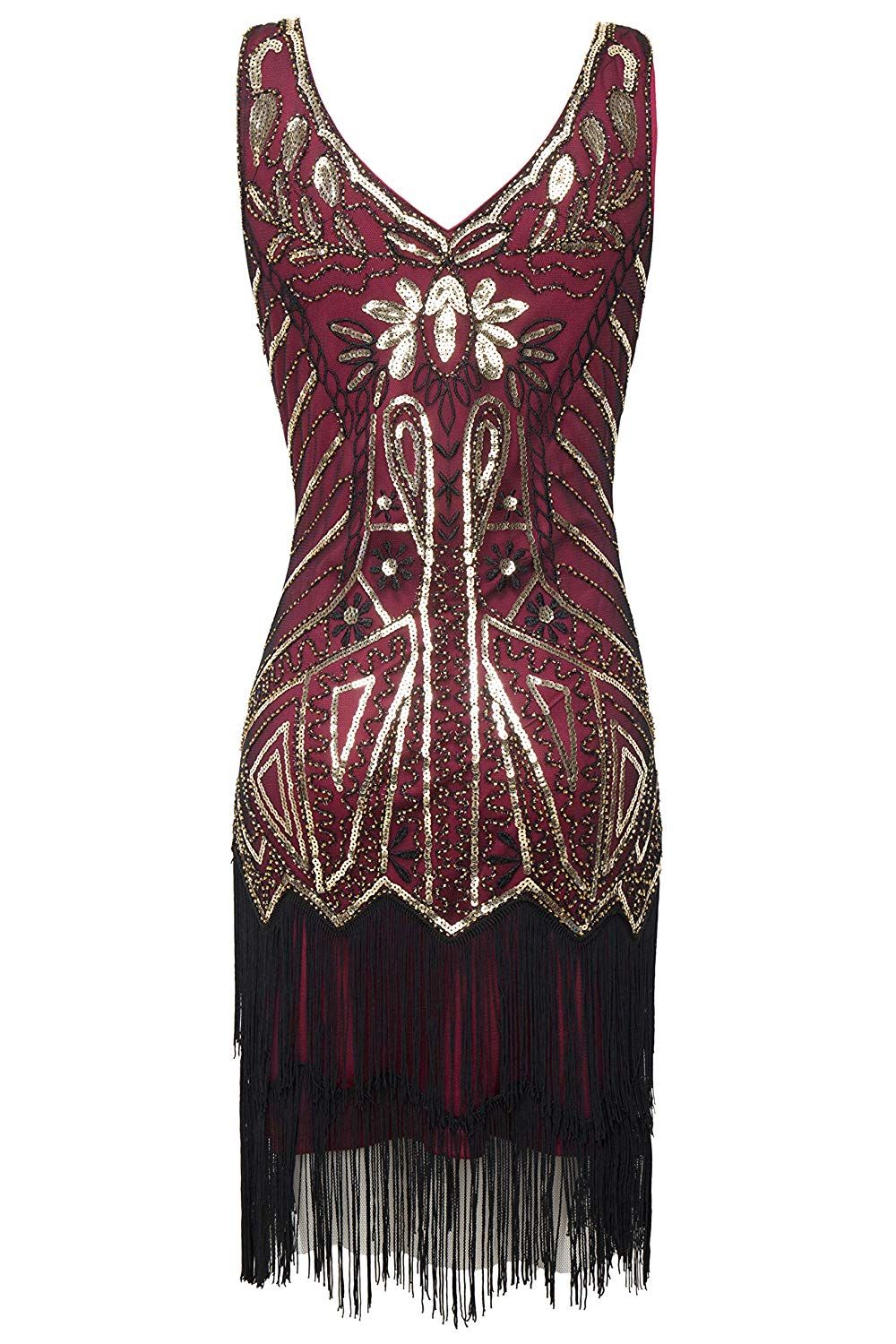La calidad de las mujeres vestidos de Flapper de los años 1920 con cuello en V con cuentas con flecos Gran vestido Gatsby para Roaring 20s partido La calidad de las mujeres vestidos de Flapper de los años 1920 con cuello en V con cuentas con flecos Gran vestido Gatsby para Roaring 20s partido