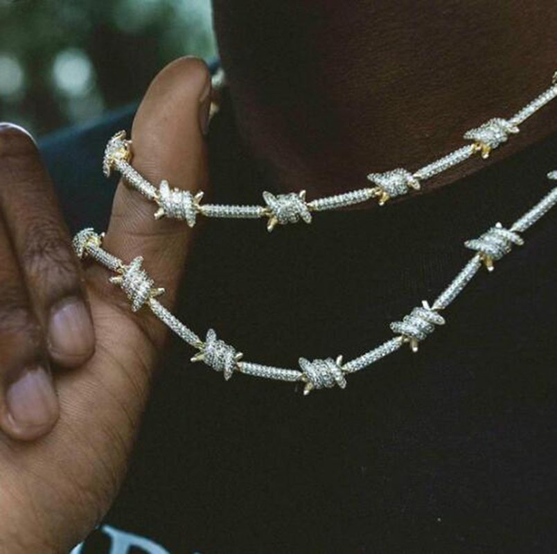 US7 7mm Iced Out Barbed Wire Necklace 
